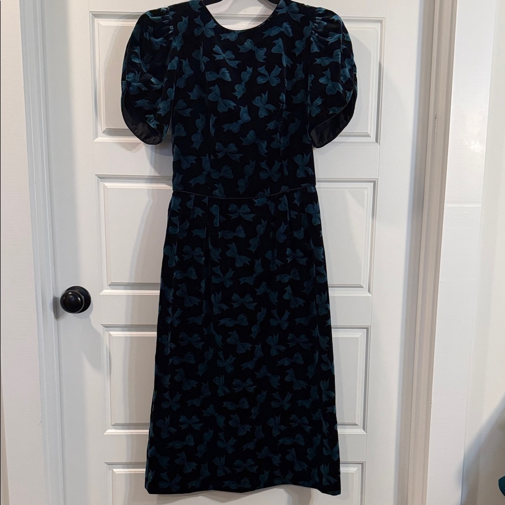 80s Lanz Velvet Cocktail Dress: Teal Bow Print, Pouf Sleeves, Vintage Size 6